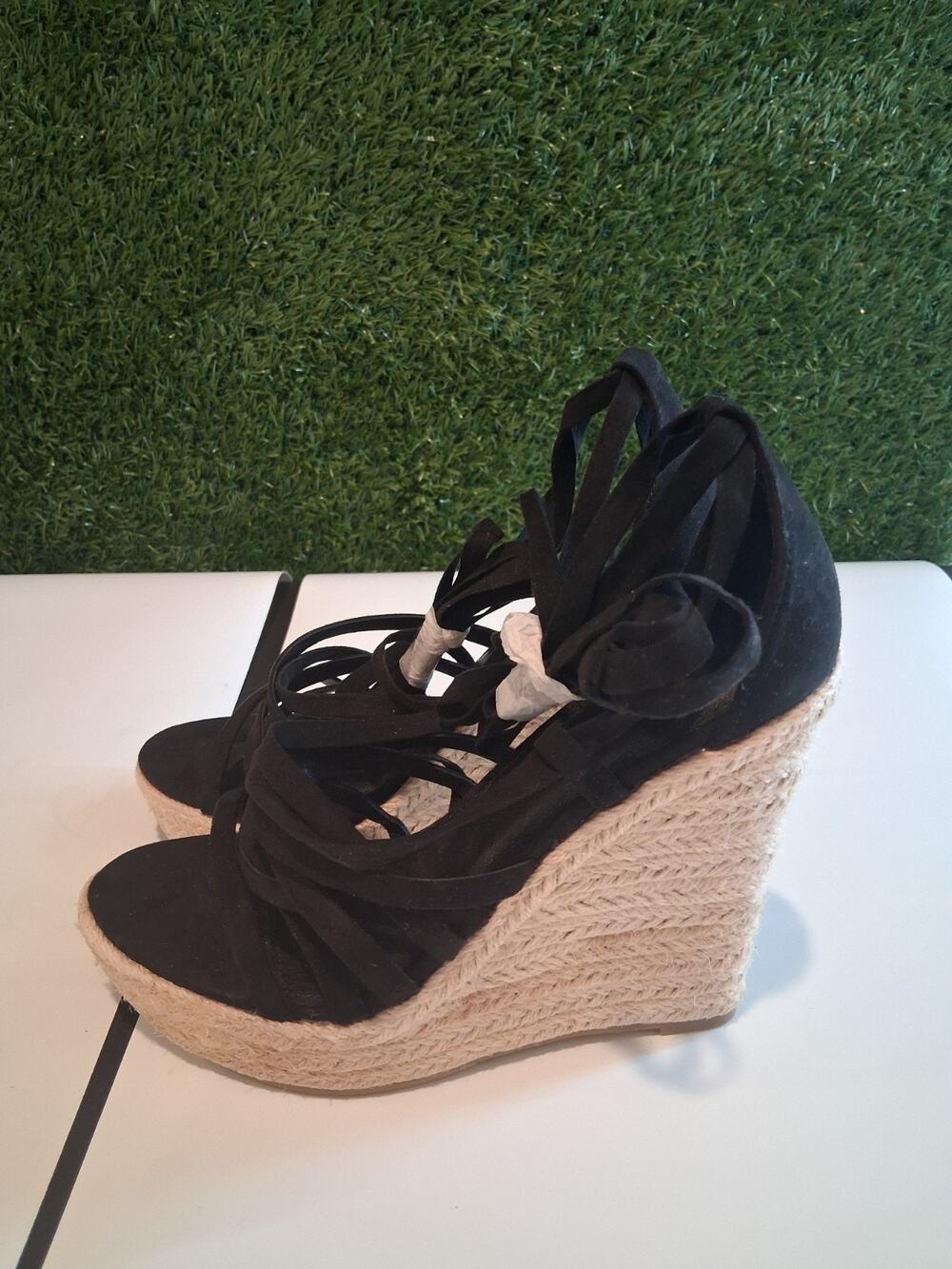 ShoeDazzle Womens Wedge Sandals Size 5 Black Strappy Espadrille Heels NWOB